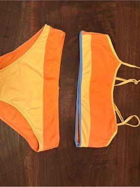 Two-Piece Colorblock Bikini - Orange & Yellow with Blue Trim